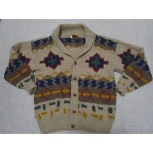 Aztec Cardigan Sweater Mens Large Beige Southwest Wool Blend Boston Traders